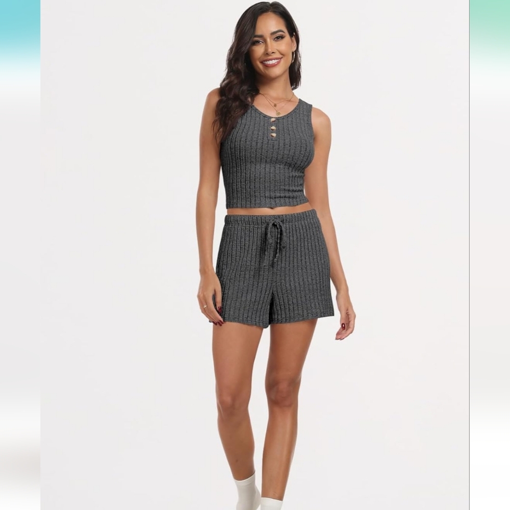 Dark Grey Ribbed Women's Cropped Tank & Drawstring Shorts Set Size S